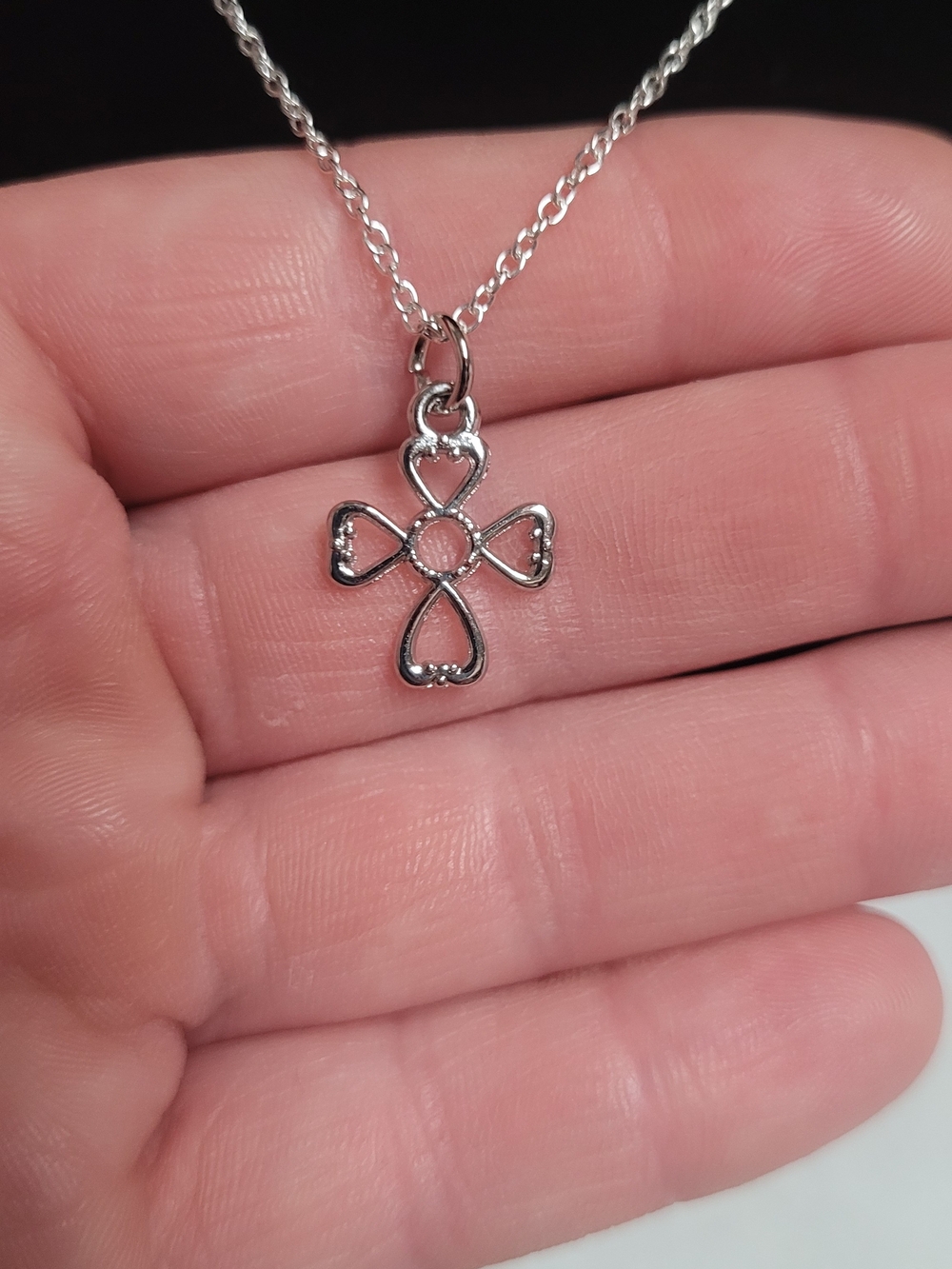 Sterling Silver Hearts Cross Pendant Necklace - Silver